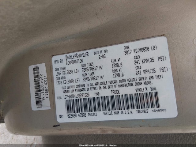 Продажа на аукционе авто 2003 Dodge Ram 1500 Slt/laramie/st, vin: 1D7HA18N13S281620, номер лота: 45179146