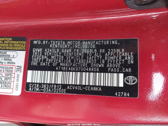 Aukcja sprzedaży 2007 Toyota Camry Le, vin: 4T1BE46KX7U048856, numer aukcji: 45179159