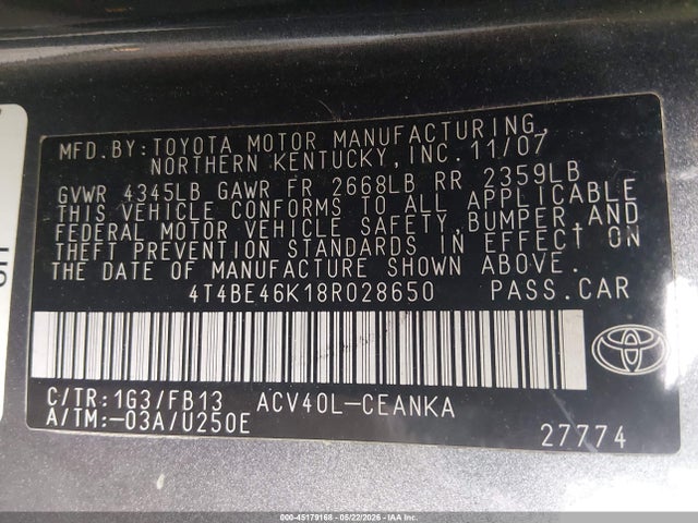2008 Toyota Camry Le მანქანა იყიდება აუქციონზე, vin: 4T4BE46K18R028650, აუქციონის ნომერი: 45179168