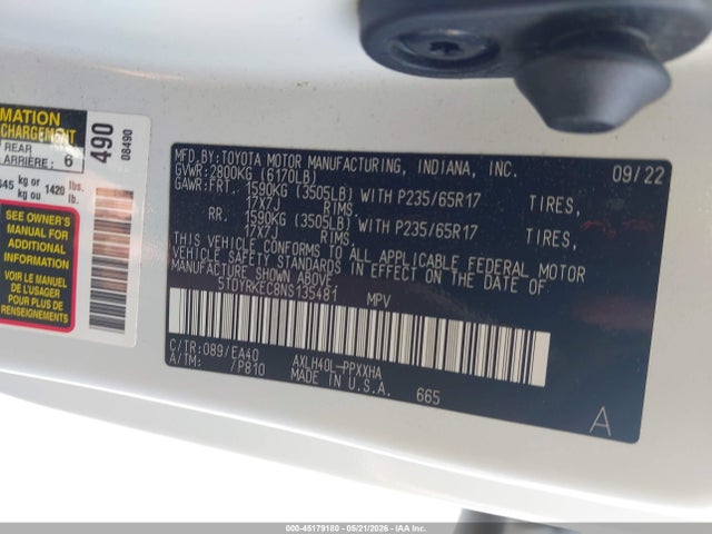 45179180 :رقم المزاد ، 5TDYRKEC8NS135481 vin ، 2022 Toyota Sienna Xle مزاد بيع