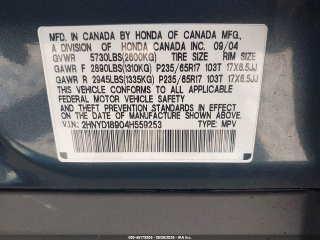 2004 Acura Mdx მანქანა იყიდება აუქციონზე, vin: 2HNYD18904H559253, აუქციონის ნომერი: 45179205