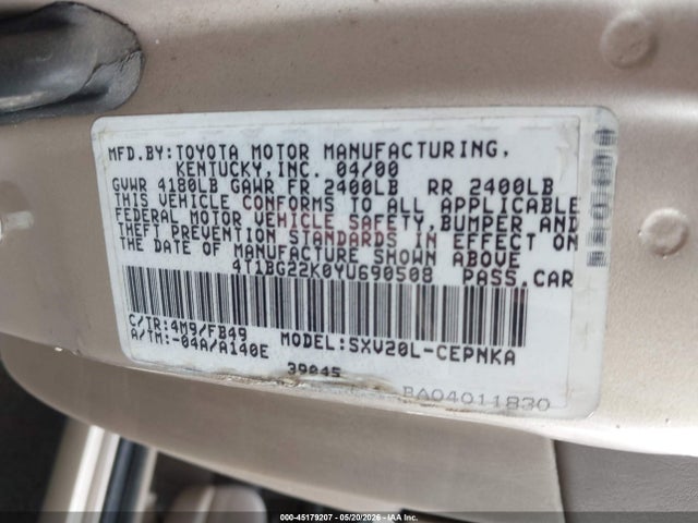 Aukcja sprzedaży 2000 Toyota Camry Le, vin: 4T1BG22K0YU690508, numer aukcji: 45179207