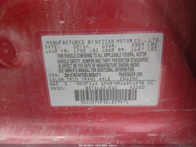 Nissan Versa 1.6 S+ 2014 3N1CN7AP3EL859471 Image 9