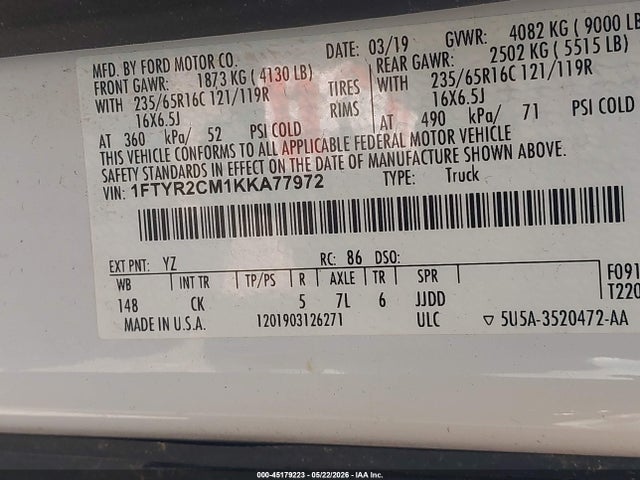 45179223 :رقم المزاد ، 1FTYR2CM1KKA77972 vin ، 2019 Ford Transit-250 مزاد بيع