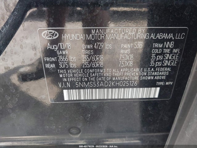 45179229 :رقم المزاد ، 5NMS53AD2KH025126 vin ، 2019 Hyundai Santa Fe Ultimate مزاد بيع