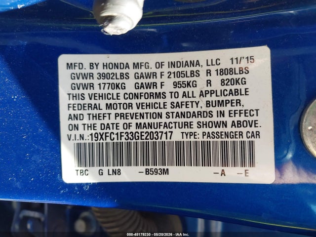 45179230 :رقم المزاد ، 19XFC1F33GE203717 vin ، 2016 Honda Civic Ex-t مزاد بيع