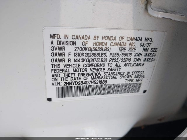 45179235 :رقم المزاد ، 2HNYD28407H531886 vin ، 2007 Acura Mdx Technology Package مزاد بيع