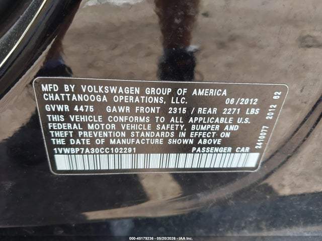 Aukcja sprzedaży 2012 Volkswagen Passat 2.5l Se, vin: 1VWBP7A30CC102291, numer aukcji: 45179236