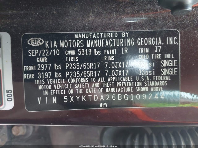 45179242 :رقم المزاد ، 5XYKTDA26BG109244 vin ، 2011 Kia Sorento Lx V6 مزاد بيع