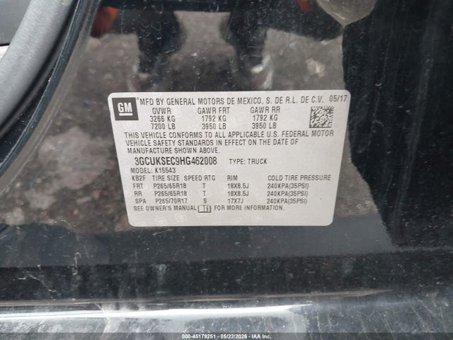 45179251 :رقم المزاد ، 3GCUKSEC9HG462008 vin ، 2017 Chevrolet Silverado 1500 2lz مزاد بيع