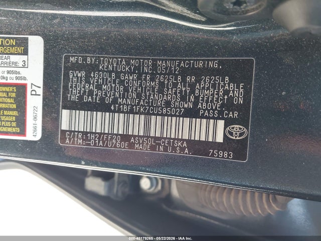 2012 Toyota Camry Se მანქანა იყიდება აუქციონზე, vin: 4T1BF1FK7CU585027, აუქციონის ნომერი: 45179265