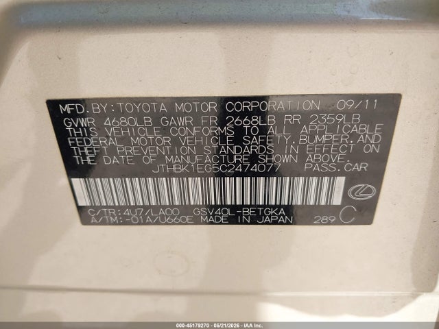 45179270 :رقم المزاد ، JTHBK1EG5C2474077 vin ، 2012 Lexus Es 350 مزاد بيع