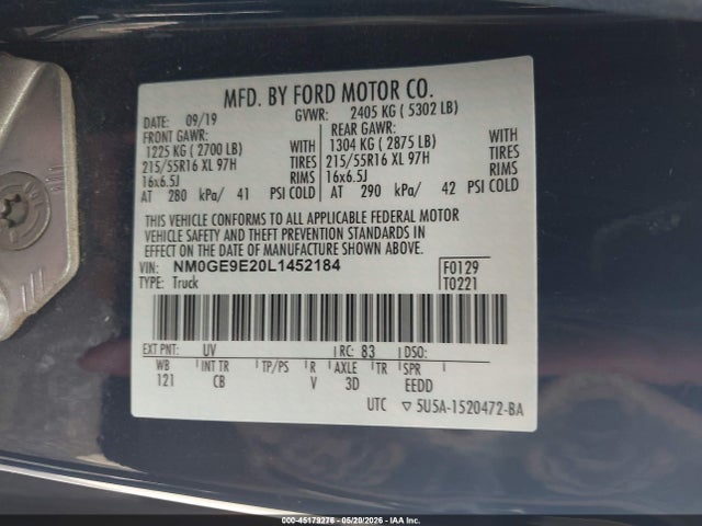 Продажа на аукционе авто 2020 Ford Transit Connect Xl Passenger, vin: NM0GE9E20L1452184, номер лота: 45179276