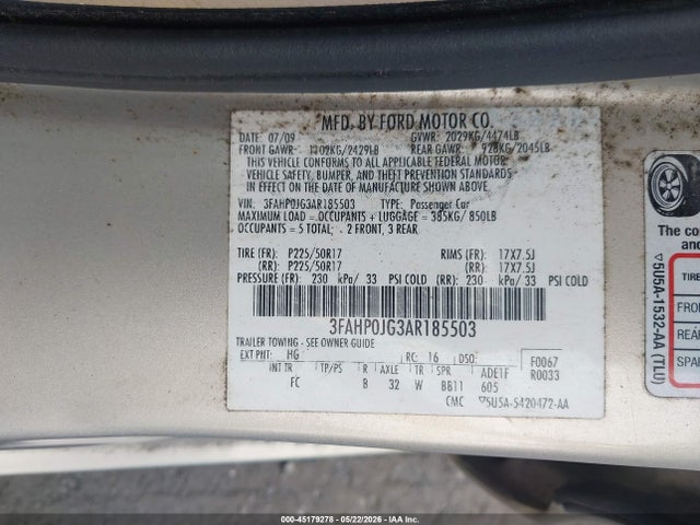 45179278 :رقم المزاد ، 3FAHP0JG3AR185503 vin ، 2010 Ford Fusion Sel مزاد بيع