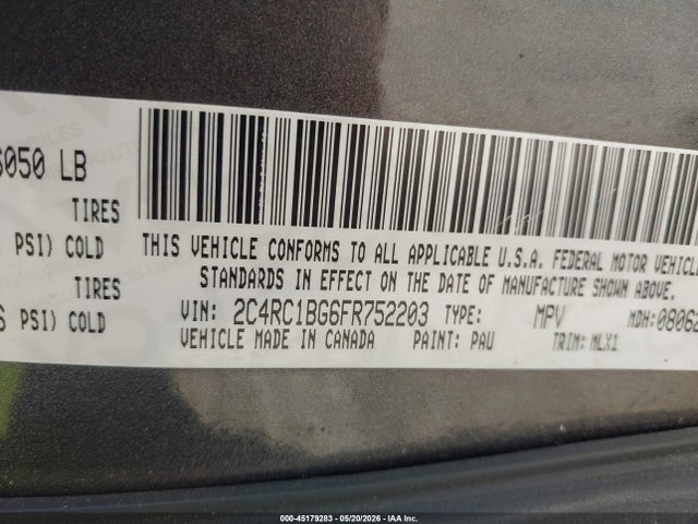 2015 Chrysler Town & Country Touring მანქანა იყიდება აუქციონზე, vin: 2C4RC1BG6FR752203, აუქციონის ნომერი: 45179283