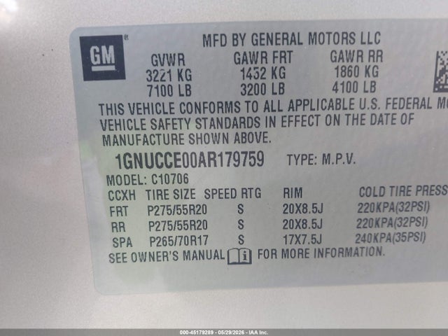 45179289 :رقم المزاد ، 1GNUCCE00AR179759 vin ، 2010 Chevrolet Tahoe Ltz مزاد بيع