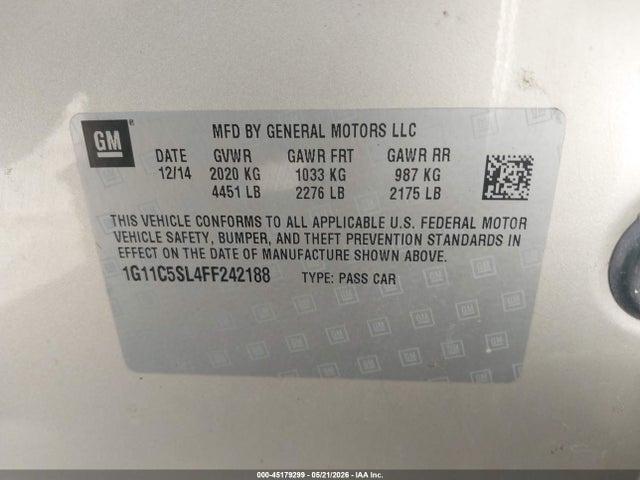 Продажа на аукционе авто 2015 Chevrolet Malibu 1lt, vin: 1G11C5SL4FF242188, номер лота: 45179299