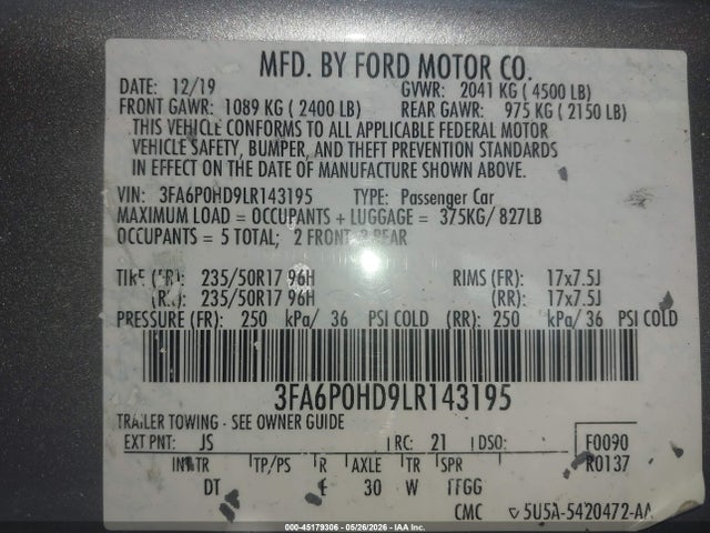 45179306 :رقم المزاد ، 3FA6P0HD9LR143195 vin ، 2020 Ford Fusion Se مزاد بيع