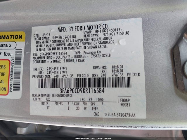 Aukcja sprzedaży 2019 Ford Fusion Sel, vin: 3FA6P0CD9KR116584, numer aukcji: 45179331