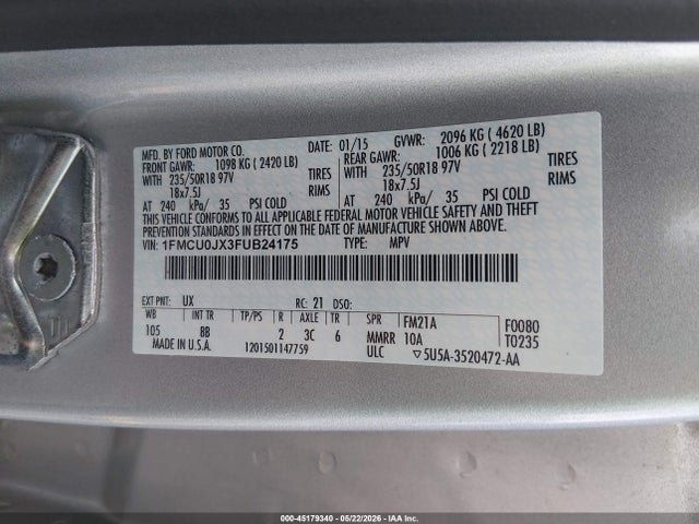 Aukcja sprzedaży 2015 Ford Escape Titanium, vin: 1FMCU0JX3FUB24175, numer aukcji: 45179340