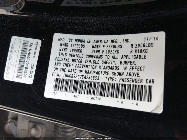 Продаж на аукціоні авто 2014 Honda Accord Lx, vin: 1HGCR2F37EA283953, номер лоту: 45179351