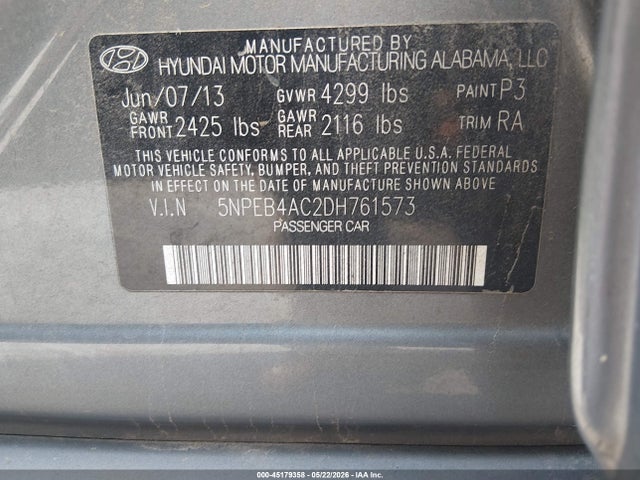 Aukcja sprzedaży 2013 Hyundai Sonata Gls, vin: 5NPEB4AC2DH761573, numer aukcji: 45179358