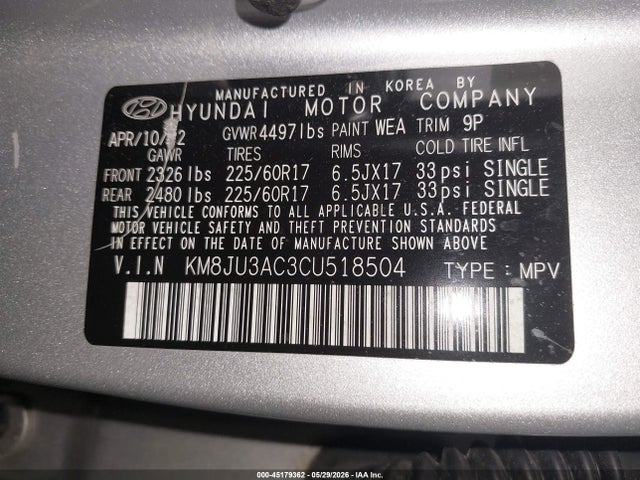 Продаж на аукціоні авто 2012 Hyundai Tucson Gls, vin: KM8JU3AC3CU518504, номер лоту: 45179362
