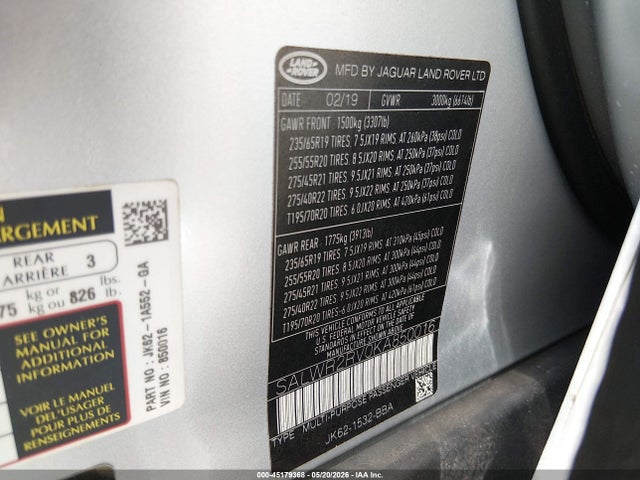 Продаж на аукціоні авто 2019 Land Rover Range Rover Sport Hse, vin: SALWR2RV0KA850016, номер лоту: 45179368