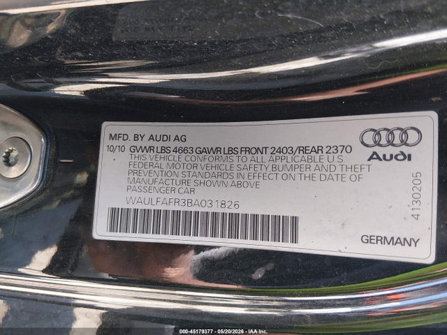 2011 Audi A5 2.0t Premium მანქანა იყიდება აუქციონზე, vin: WAULFAFR3BA031826, აუქციონის ნომერი: 45179377