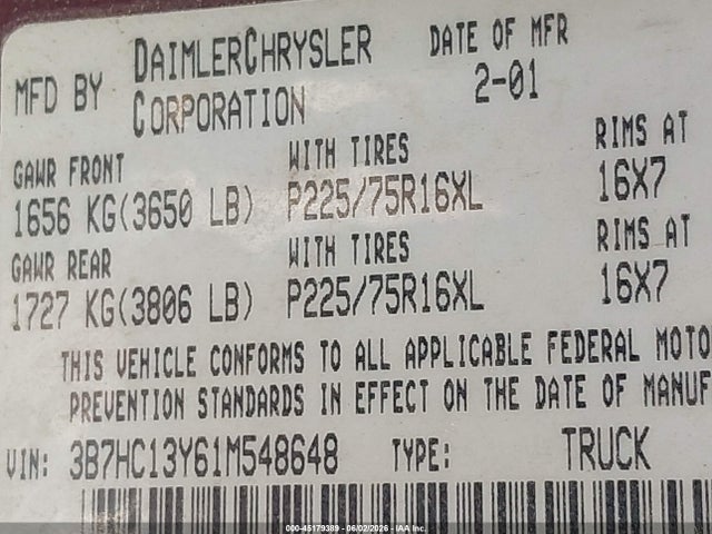2001 Dodge Ram 1500 St მანქანა იყიდება აუქციონზე, vin: 3B7HC13Y61M548648, აუქციონის ნომერი: 45179389