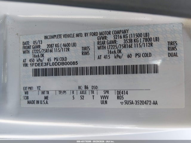 45179399 :رقم المزاد ، 1FDEE3FL0DDB00085 vin ، 2013 Ford E-350 Cutaway مزاد بيع