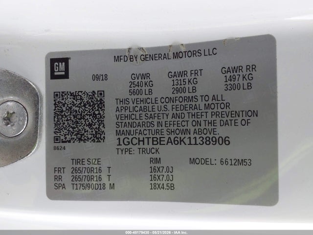 Aukcja sprzedaży 2019 Chevrolet Colorado Wt, vin: 1GCHTBEA6K1138906, numer aukcji: 45179430