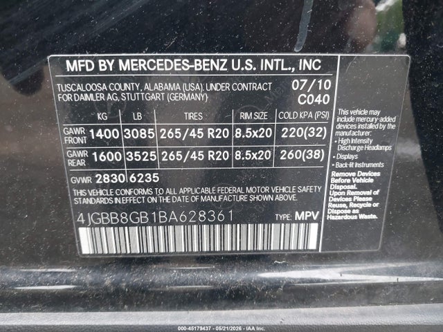 Aukcja sprzedaży 2011 Mercedes-benz Ml 350 4matic, vin: 4JGBB8GB1BA628361, numer aukcji: 45179437