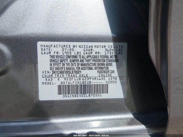 Продаж на аукціоні авто 2025 Nissan Versa 1.6 Sv, vin: 3N1CN8EV0SL870521, номер лоту: 45179447
