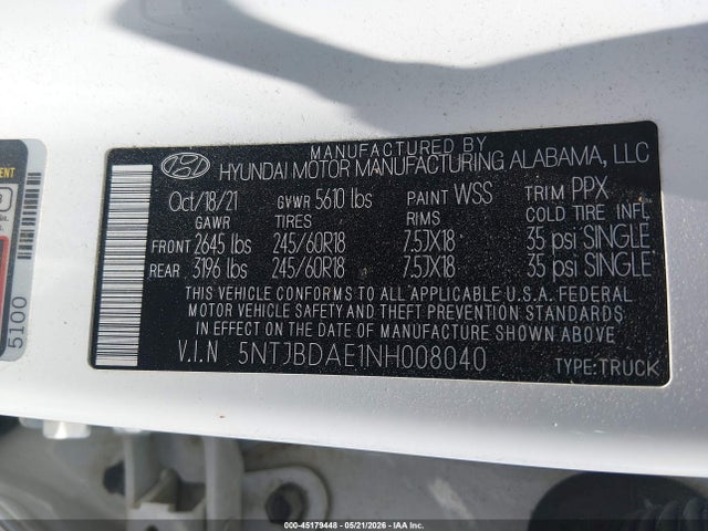 Aukcja sprzedaży 2022 Hyundai Santa Cruz Sel, vin: 5NTJBDAE1NH008040, numer aukcji: 45179448