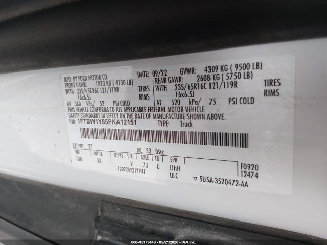 2023 Ford Transit-350 მანქანა იყიდება აუქციონზე, vin: 1FTBW1Y85PKA12151, აუქციონის ნომერი: 45179449