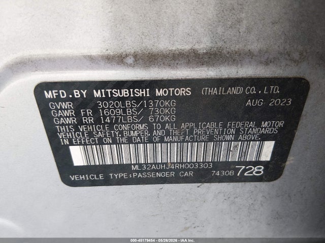 2024 Mitsubishi Mirage Es მანქანა იყიდება აუქციონზე, vin: ML32AUHJ4RH003303, აუქციონის ნომერი: 45179454