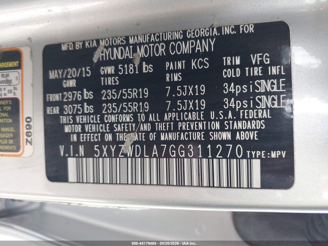 45179465 :رقم المزاد ، 5XYZWDLA7GG311270 vin ، 2016 Hyundai Santa Fe Sport 2.0l Turbo مزاد بيع