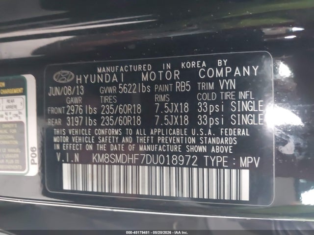 45179481 :رقم المزاد ، KM8SMDHF7DU018972 vin ، 2013 Hyundai Santa Fe Gls مزاد بيع
