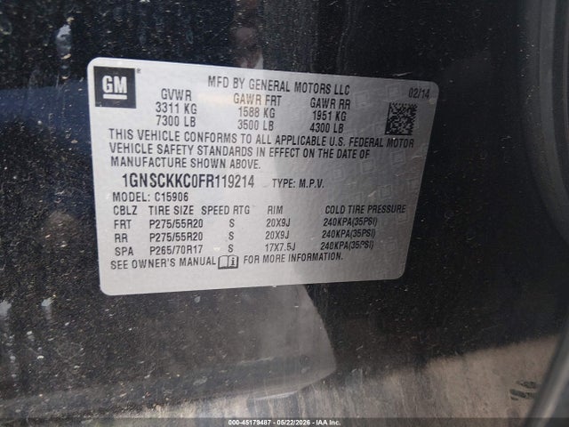 Продажа на аукционе авто 2015 Chevrolet Suburban 1500 Ltz, vin: 1GNSCKKC0FR119214, номер лота: 45179487