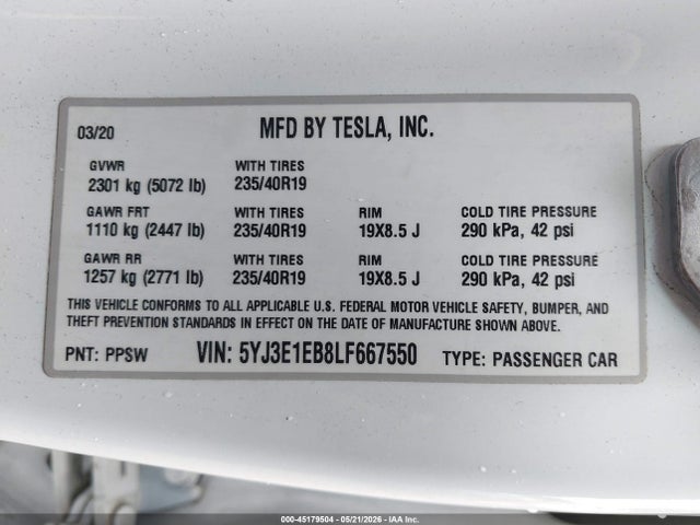 Aukcja sprzedaży 2020 Tesla Model 3 Long Range Dual Motor All-wheel Drive, vin: 5YJ3E1EB8LF667550, numer aukcji: 45179504