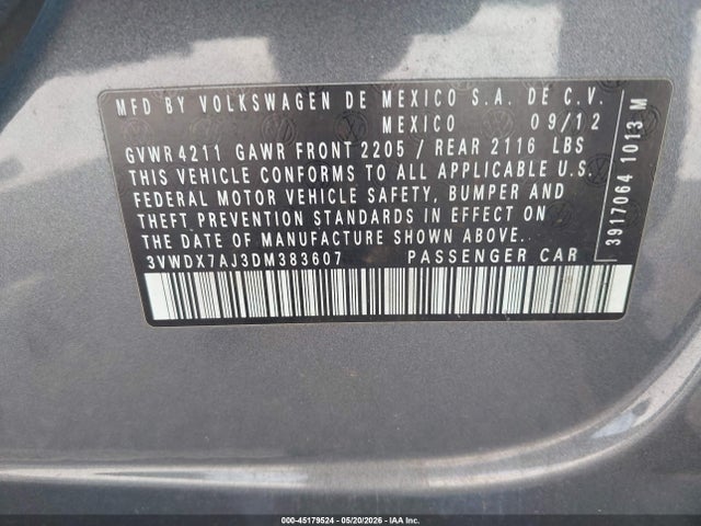 Aukcja sprzedaży 2013 Volkswagen Jetta 2.5l Se, vin: 3VWDX7AJ3DM383607, numer aukcji: 45179524