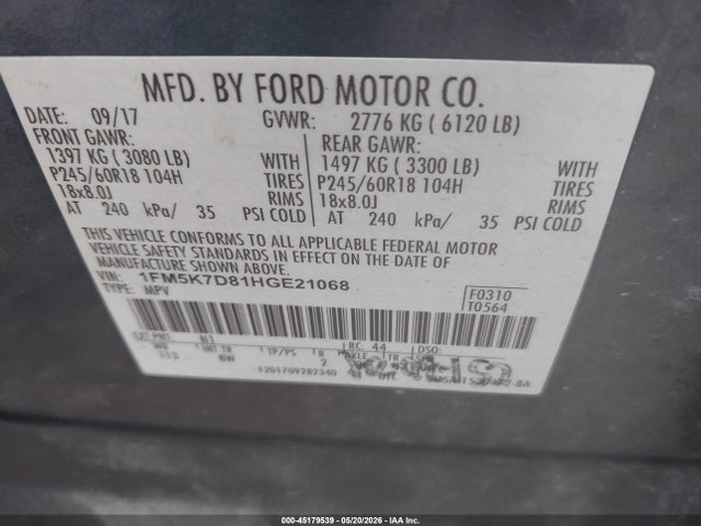 45179539 :رقم المزاد ، 1FM5K7D81HGE21068 vin ، 2017 Ford Explorer Xlt مزاد بيع