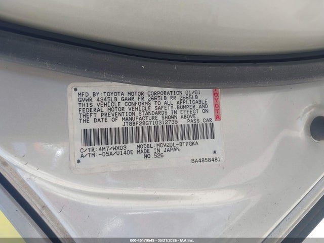 45179549 :رقم المزاد ، JT8BF28G710312739 vin ، 2001 Lexus Es 300 مزاد بيع