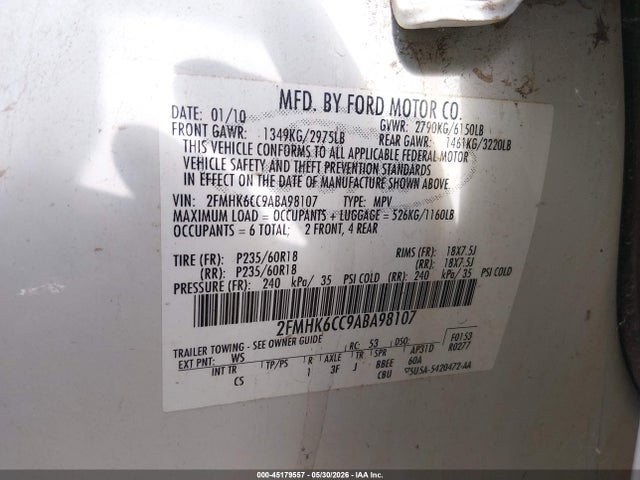 2010 Ford Flex Sel მანქანა იყიდება აუქციონზე, vin: 2FMHK6CC9ABA98107, აუქციონის ნომერი: 45179557