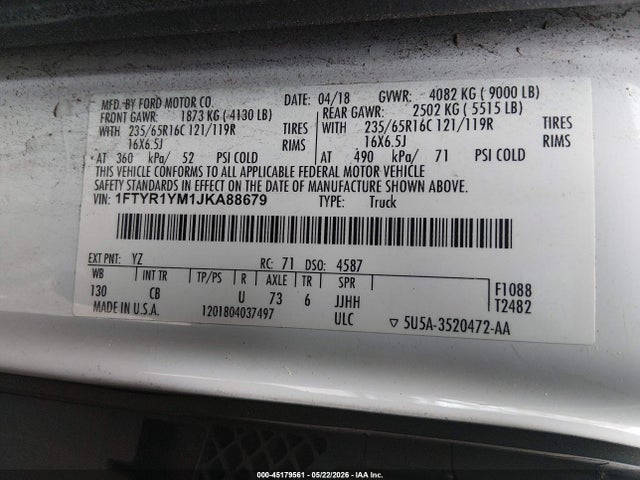 Aukcja sprzedaży 2018 Ford Transit-250, vin: 1FTYR1YM1JKA88679, numer aukcji: 45179561