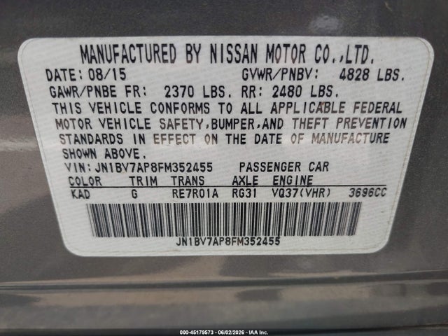 Aukcja sprzedaży 2015 Infiniti Q50, vin: JN1BV7AP8FM352455, numer aukcji: 45179573