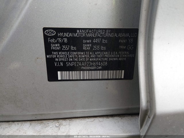 Aukcja sprzedaży 2018 Hyundai Sonata Se, vin: 5NPE24AF2JH694608, numer aukcji: 45179575