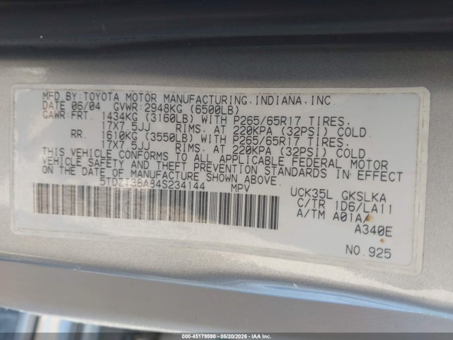 45179590 :رقم المزاد ، 5TDZT38A84S234144 vin ، 2004 Toyota Sequoia Limited V8 مزاد بيع