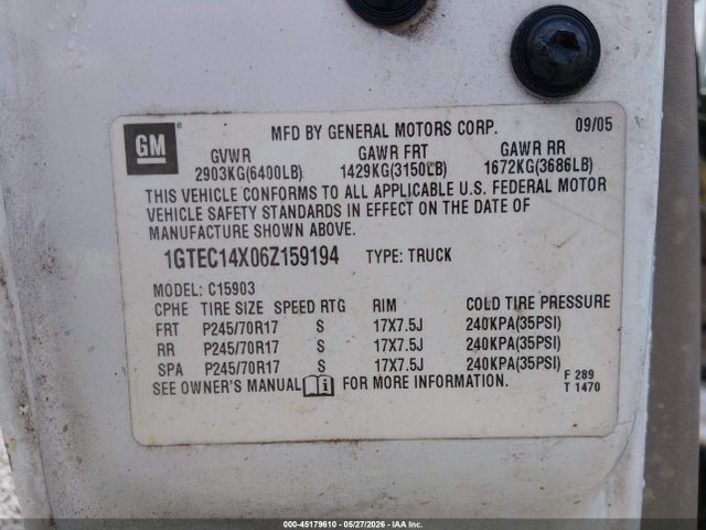 Продаж на аукціоні авто 2006 Gmc Sierra 1500 Work Truck, vin: 1GTEC14X06Z159194, номер лоту: 45179610